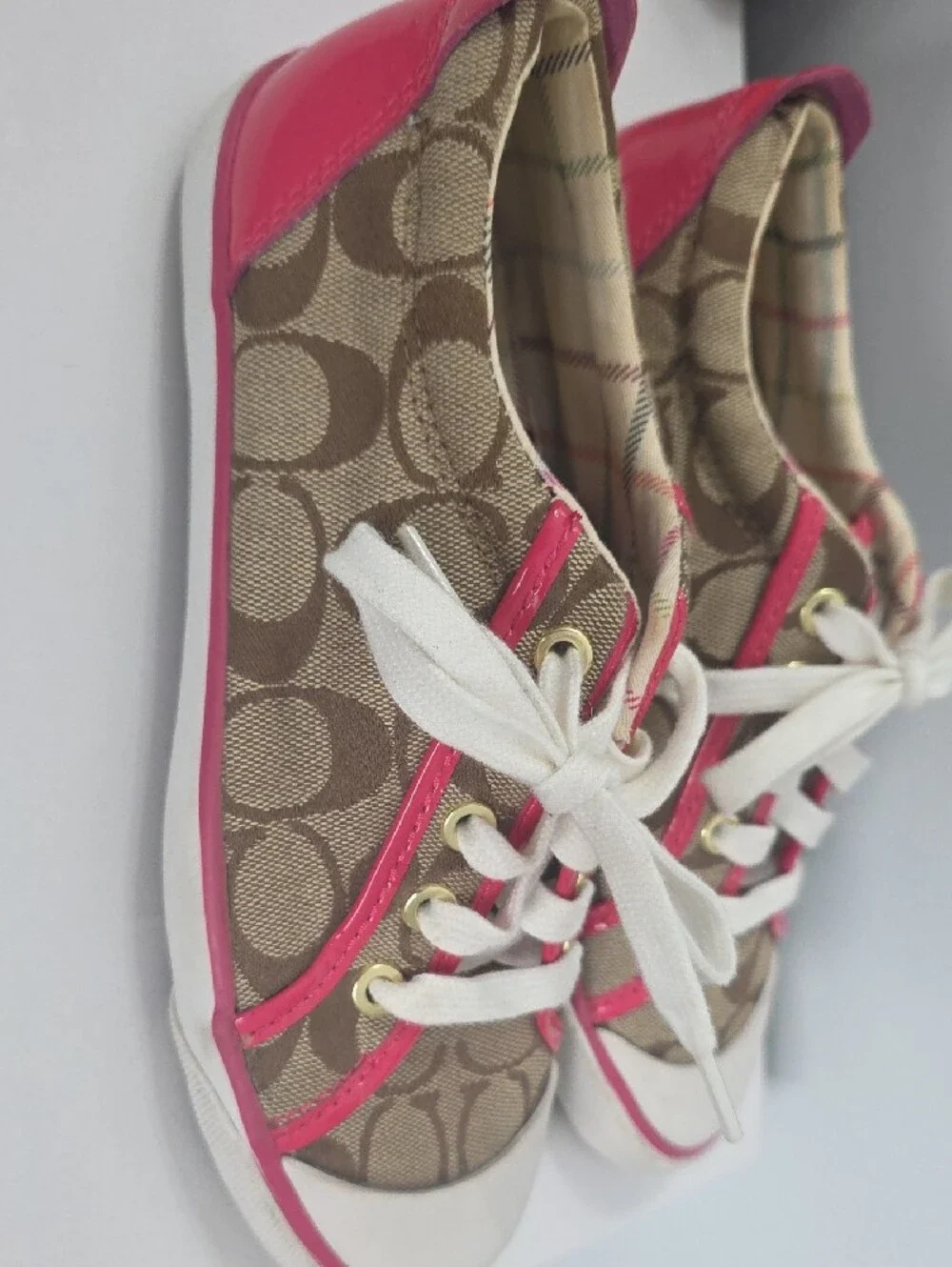 Coach Brown Signature Canvas Sneakers with Pink Trim